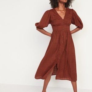 Old Navy - Fit and Flare Puff-Sleeve Copper Dobby Midi Dress